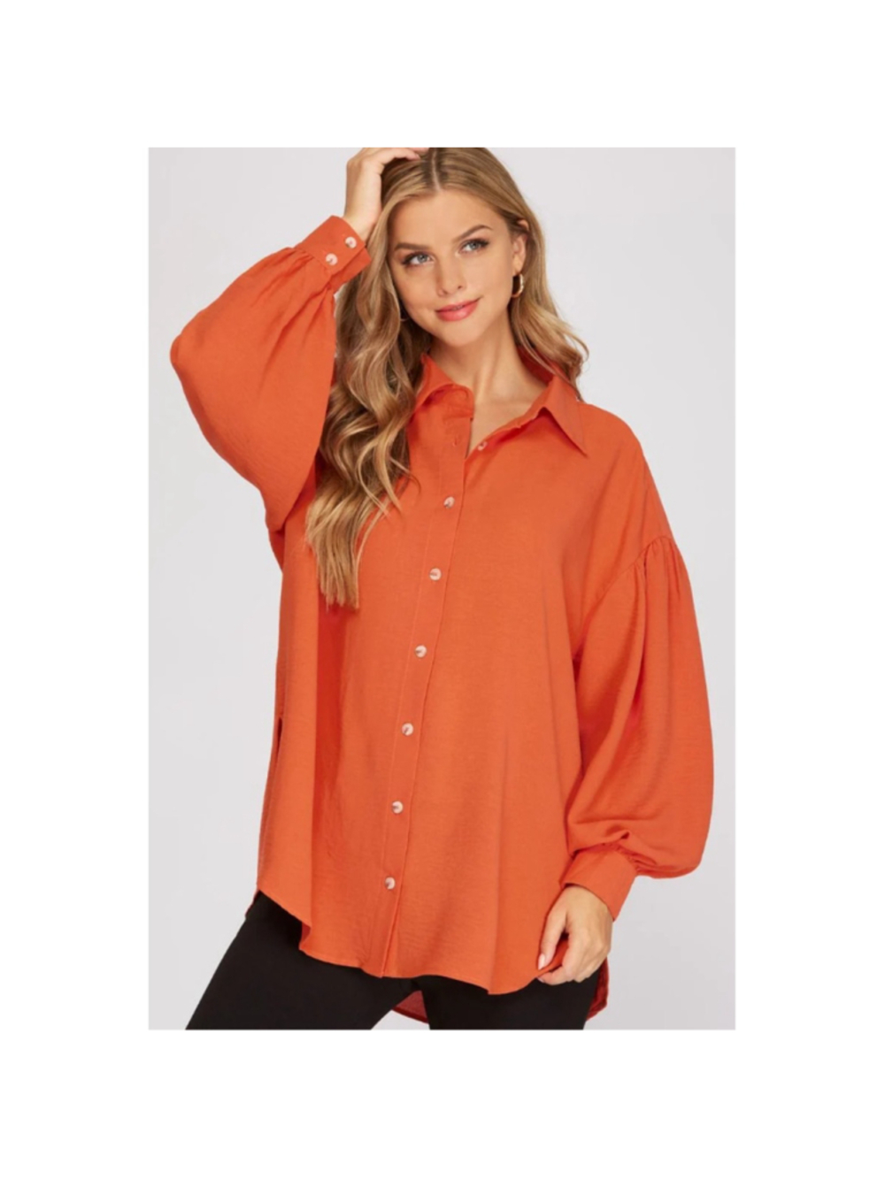 Rust Button Down Blouse Balloon Sleeve Flowy Top Size Large